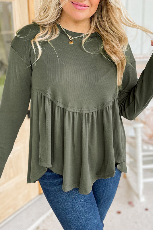 Mist Green Plus Size Thermal Knitted Babydoll Flare Top