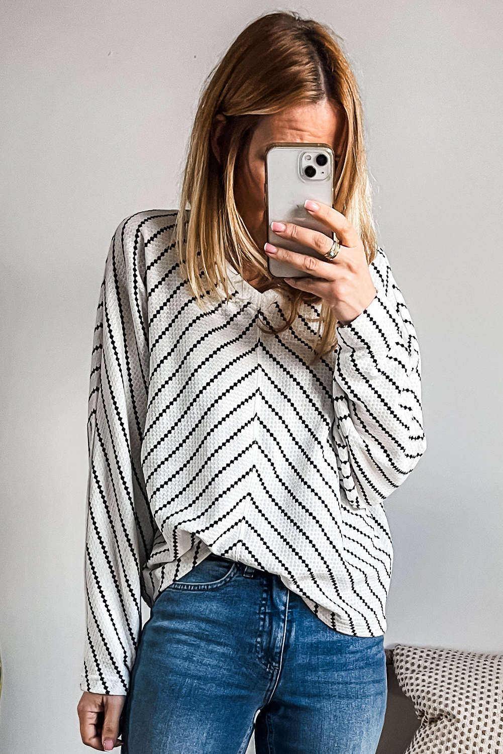 Black Stripe Chevron Striped V Neck Long Sleeve Casual Top