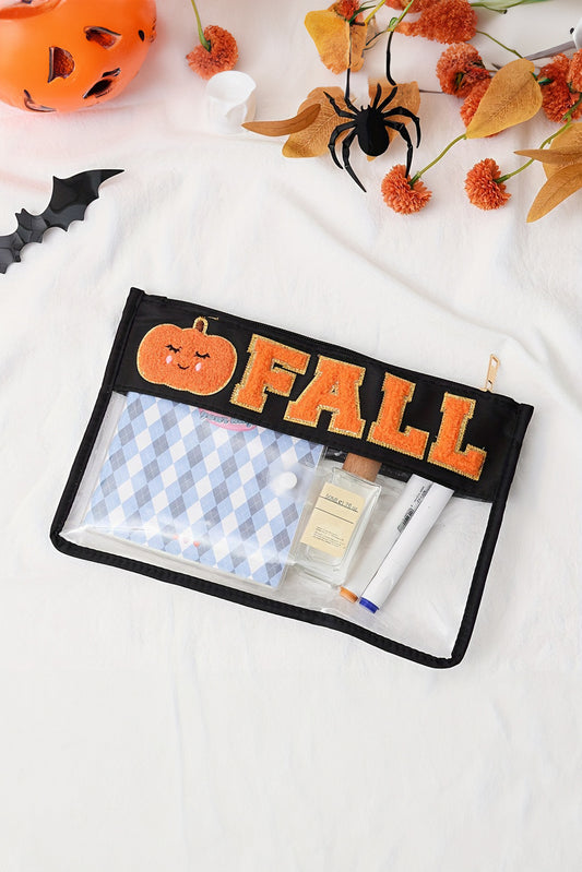 Orange FALL Pumpkin Chenille Detail Clear Zip Pouch