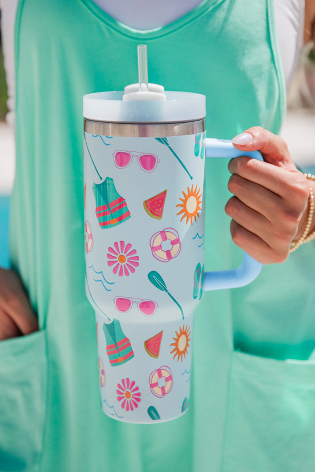 Light Blue Beach Day Fun Pattern Cup with Handle 40oz