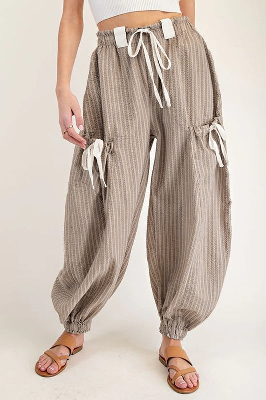 Brown Stripe Drawstring Cargo Jogger Pants with Pockets