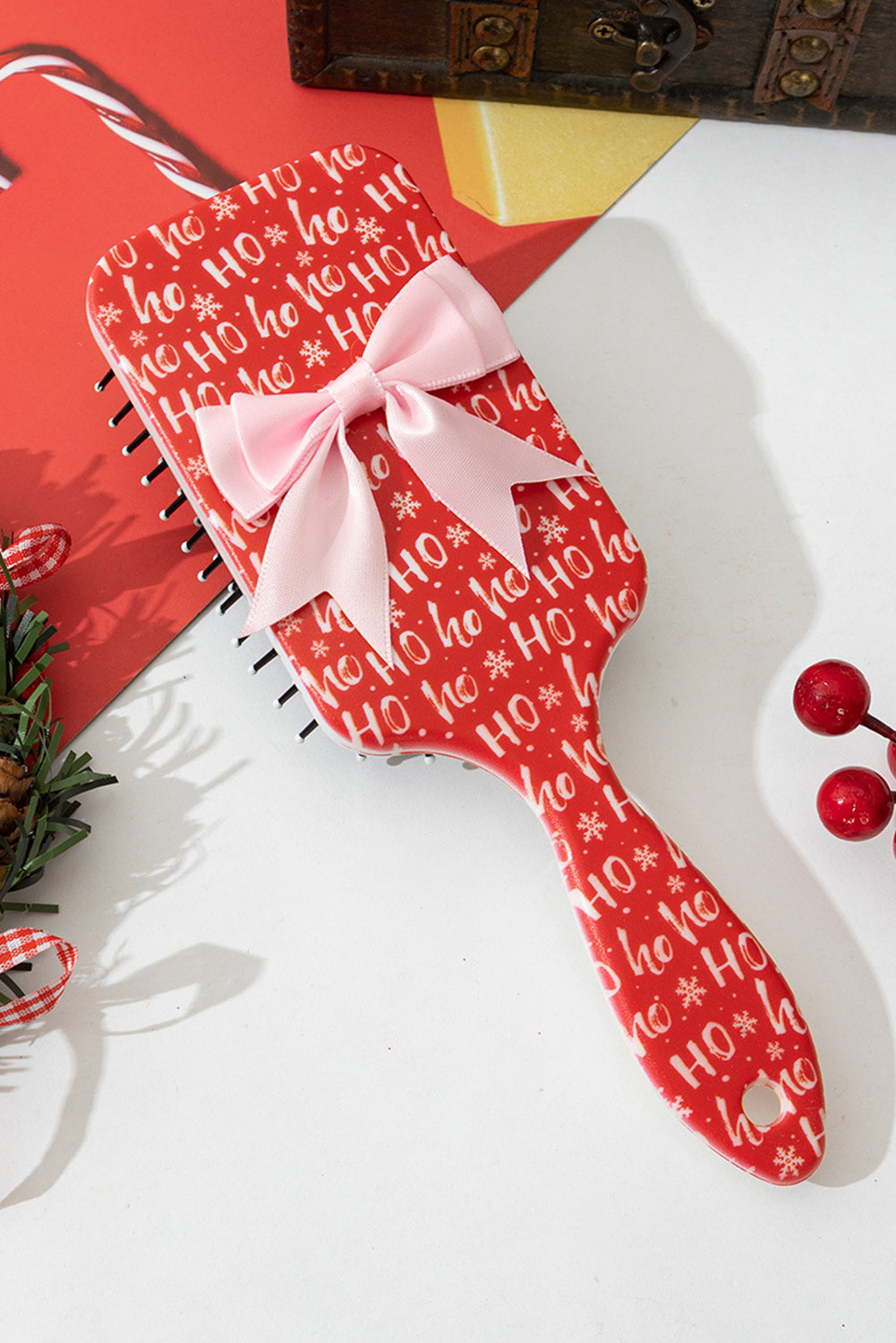Fiery Red Christmas Letter Print Ribbon Bow Decor Scalp Massage Comb