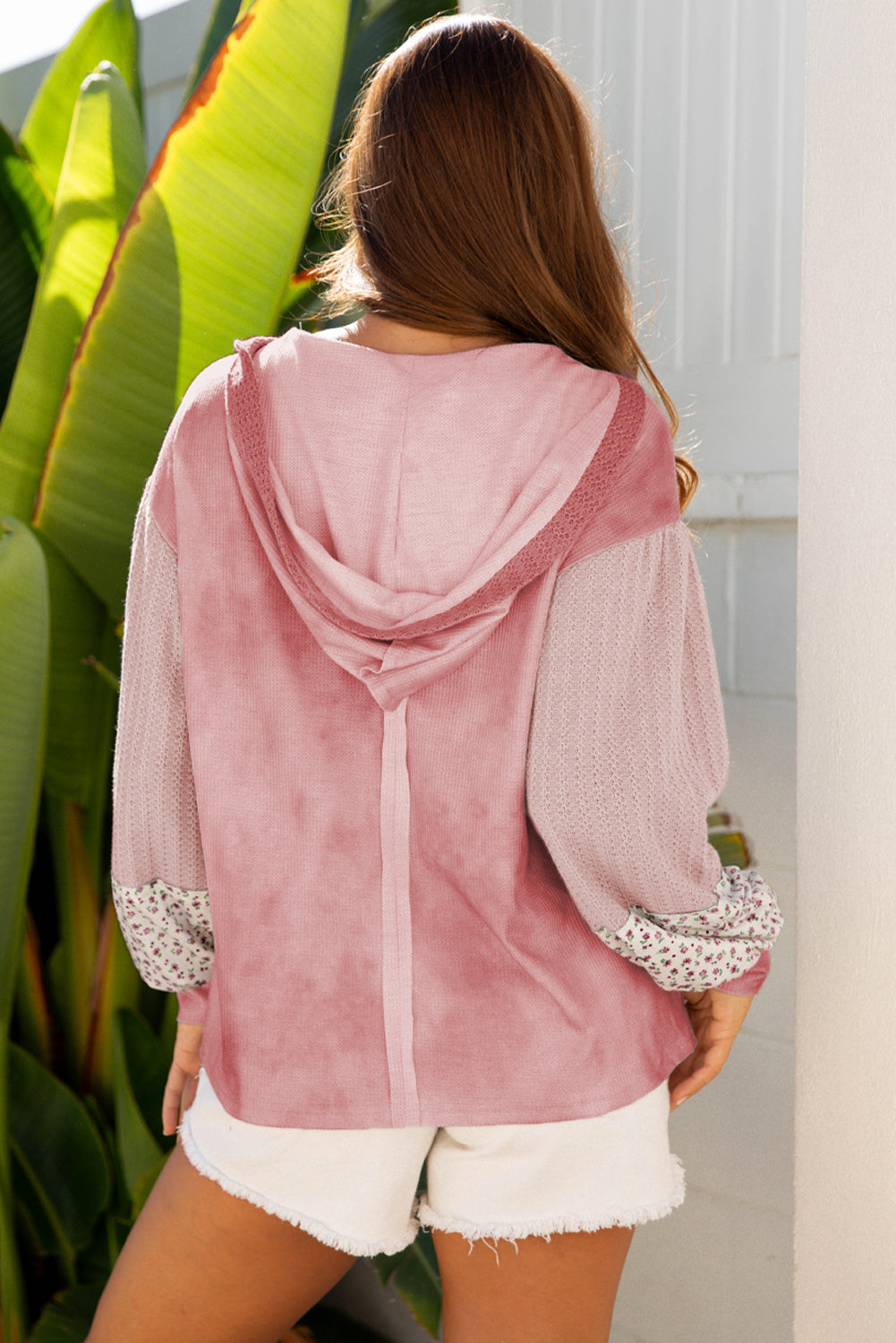 Pink Floral Patched Waffle Textured Colorblock V Neck Casual Hooded Top