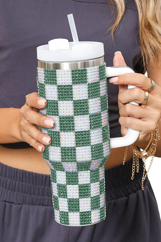 Blackish Green Full Rhinestone Checkerboard Handled Tumbler 40oz