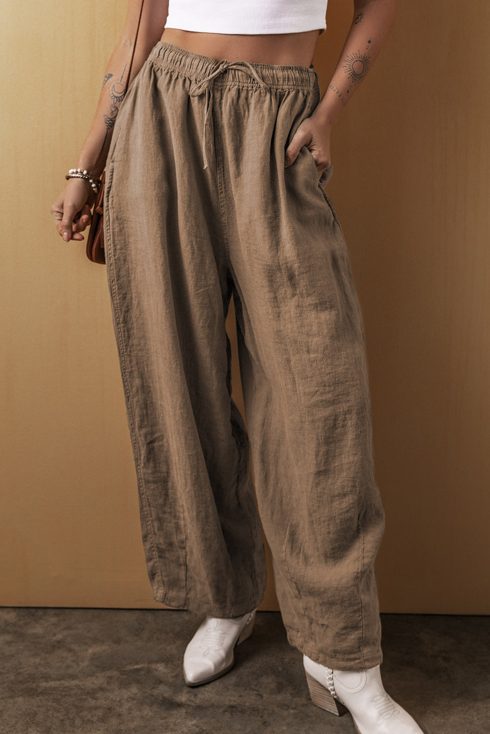 Desert Palm Cotton Linen Drawstring Waist Wide Leg Pants