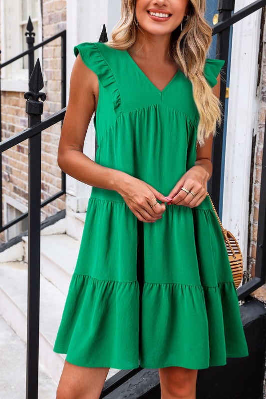 Bright Green Solid Color V Neck Ruffle Tiered Mini Dress