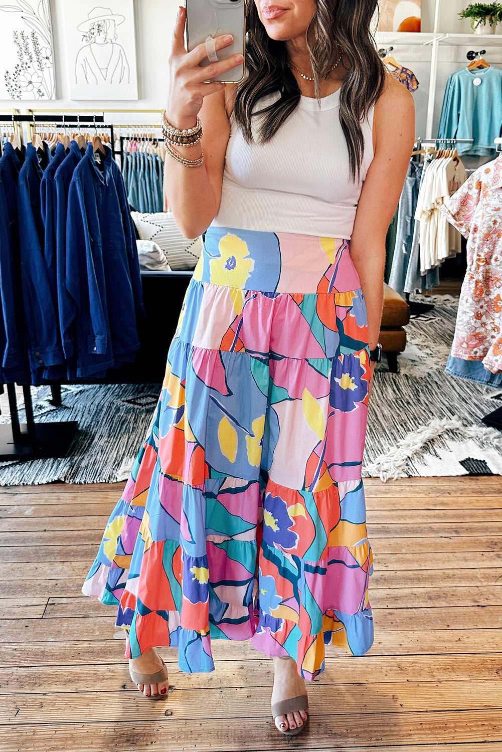 Pink Printed Pocketed High Waist Maxi Skirt