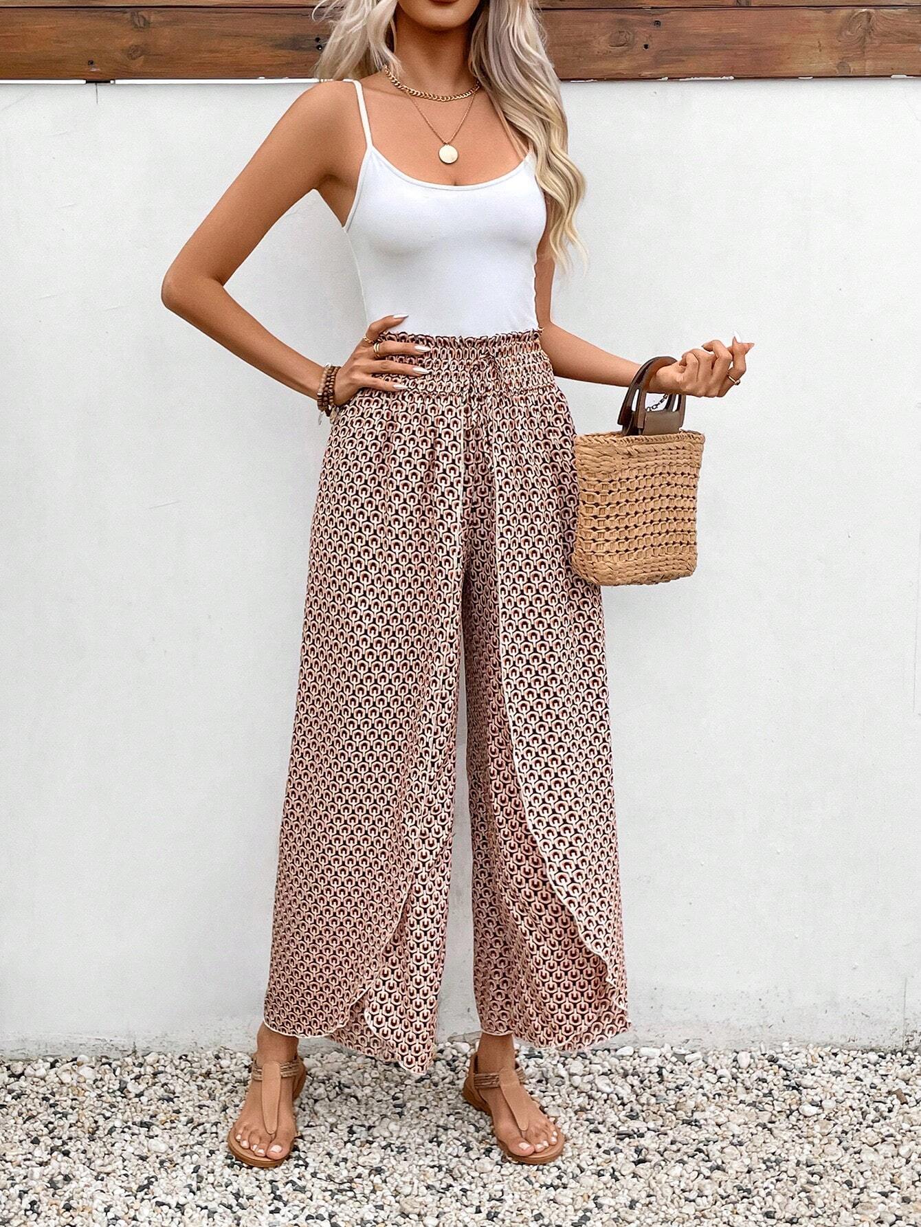 Red Bohemian Print Slit Wide Leg Smocked High Waist Pants