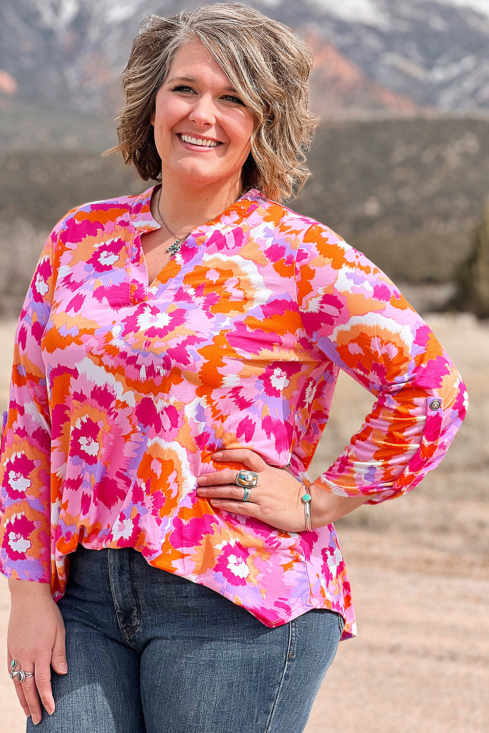 Pink Plus Size Abstract Floral Print V Neck Blouse