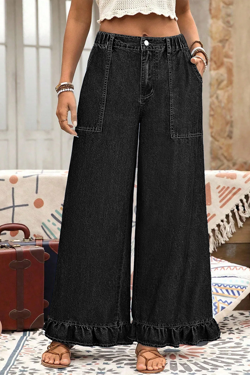 Black Plus Size Elastic Waist Ruffled Wide Leg Denim Pants