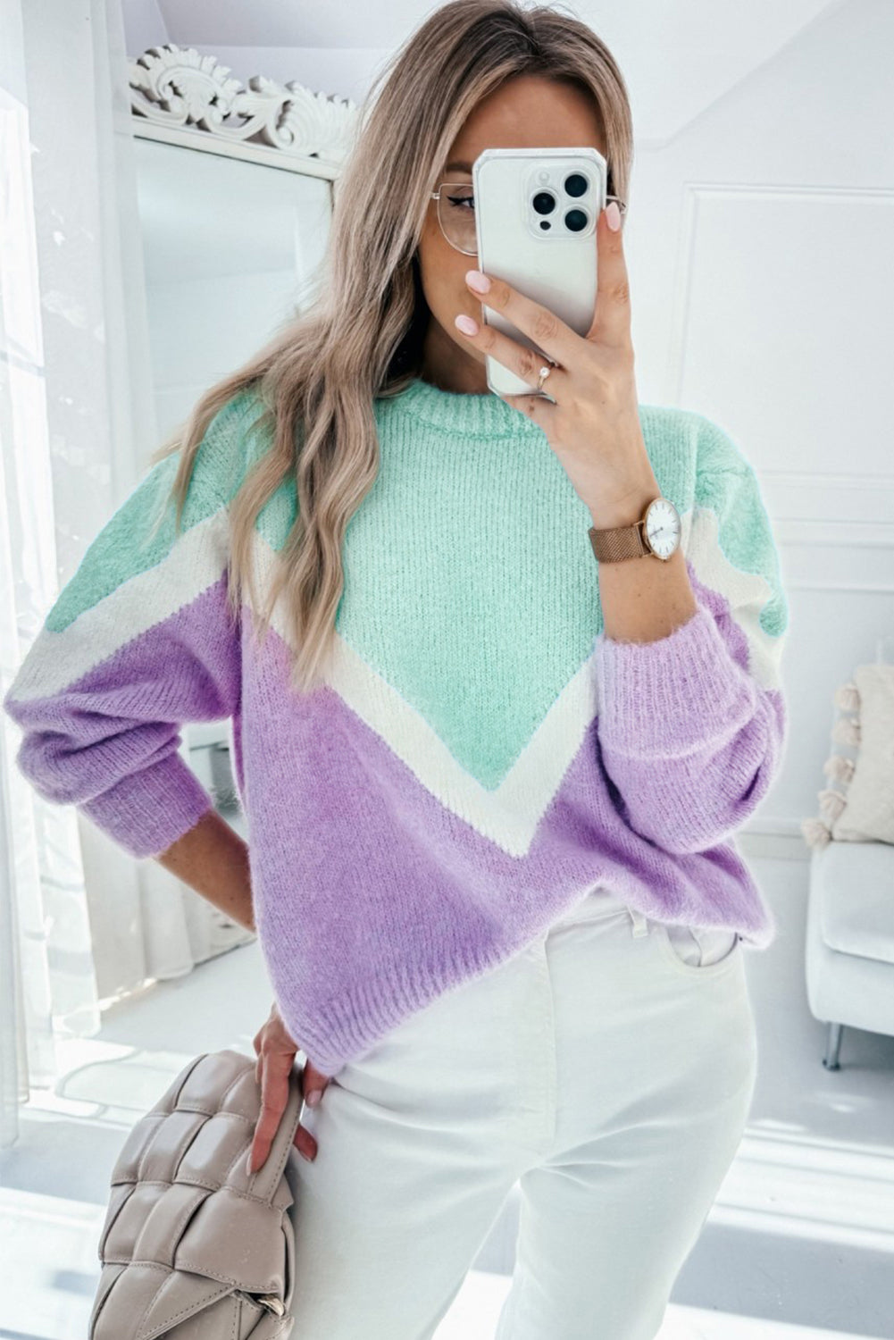 Green Chevron Colorblock Ribbed Knit Drop Shoulder Sweater