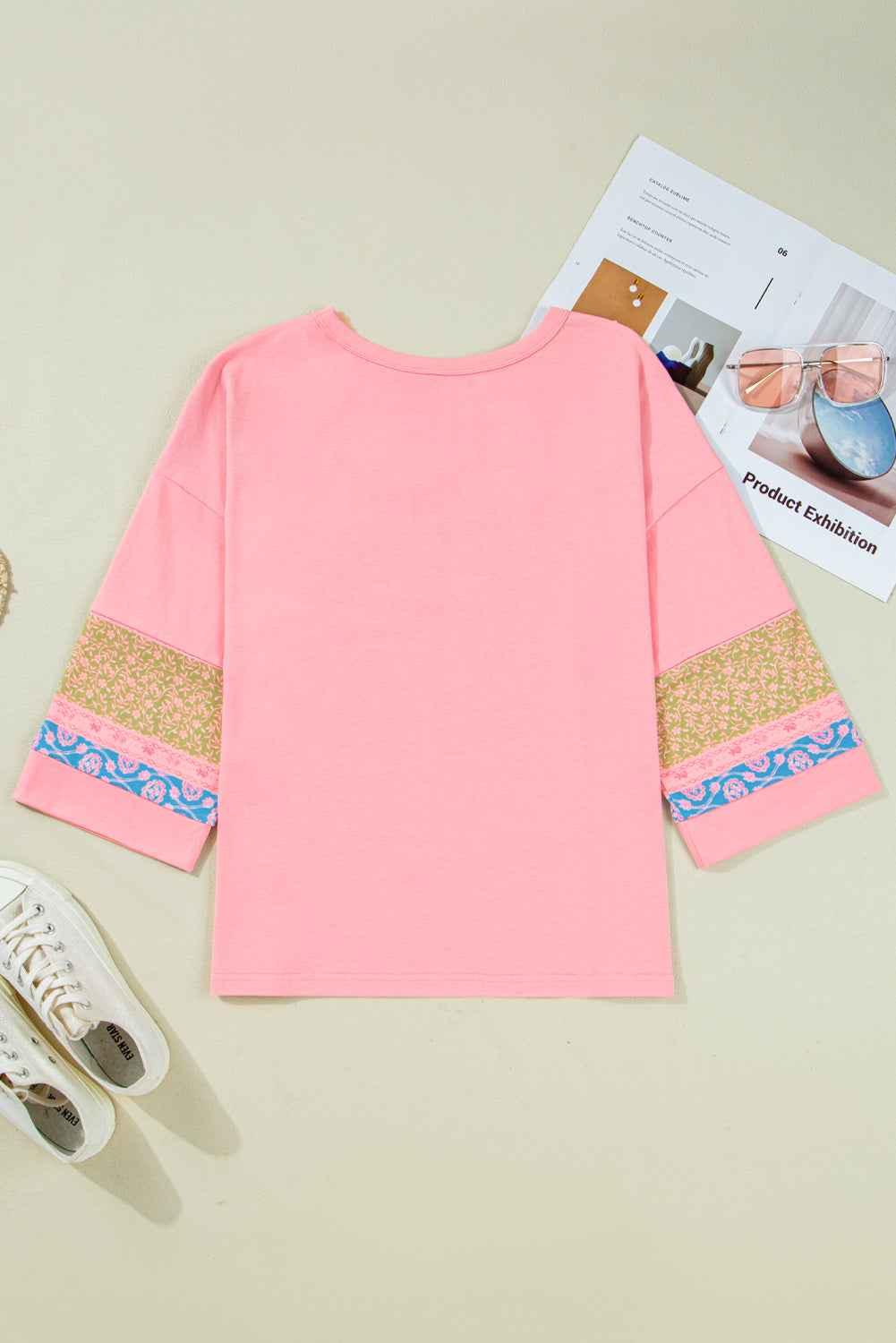 Gossamer Pink Floral Color Block Patchwork Long Sleeve Top
