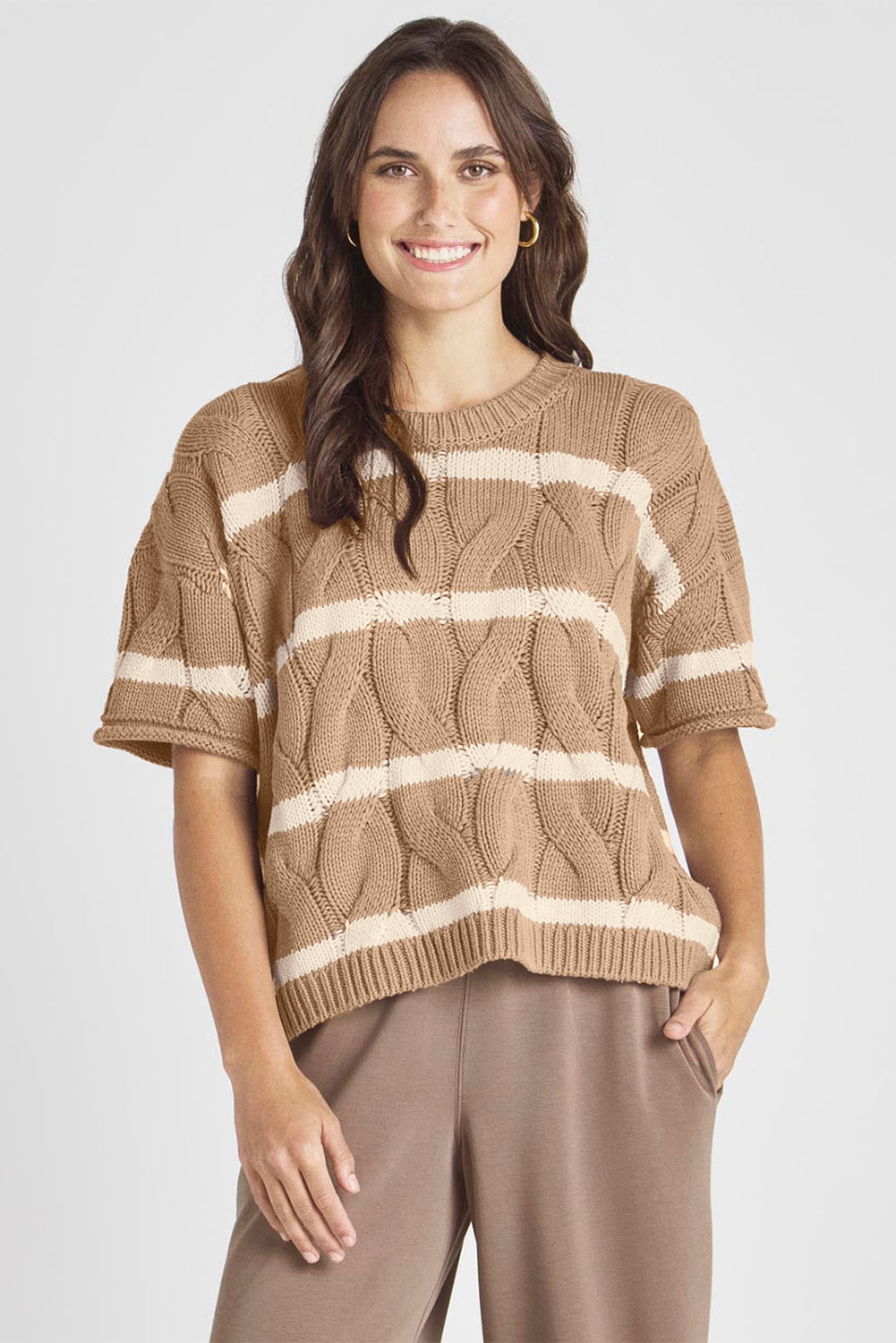 Dark Khaki Striped Cable Short Sleeve Sweater