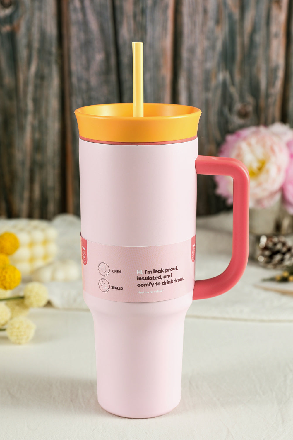 Light Pink Color Block Handle Lid Stainless Steel Insulation Tumbler with Straw