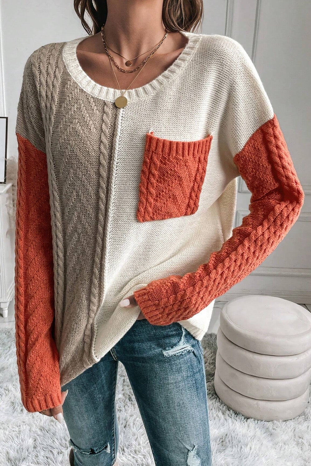 Gold Flame Colorblock Patched Pocket Drop Shoulder Sweater