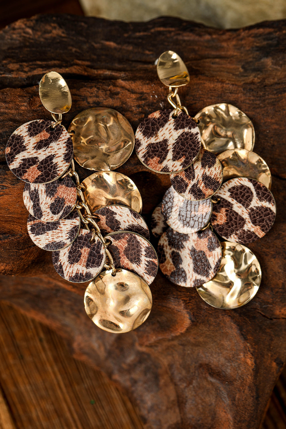 Chestnut Leopard Alloy Disc Stud Dangle Earrings