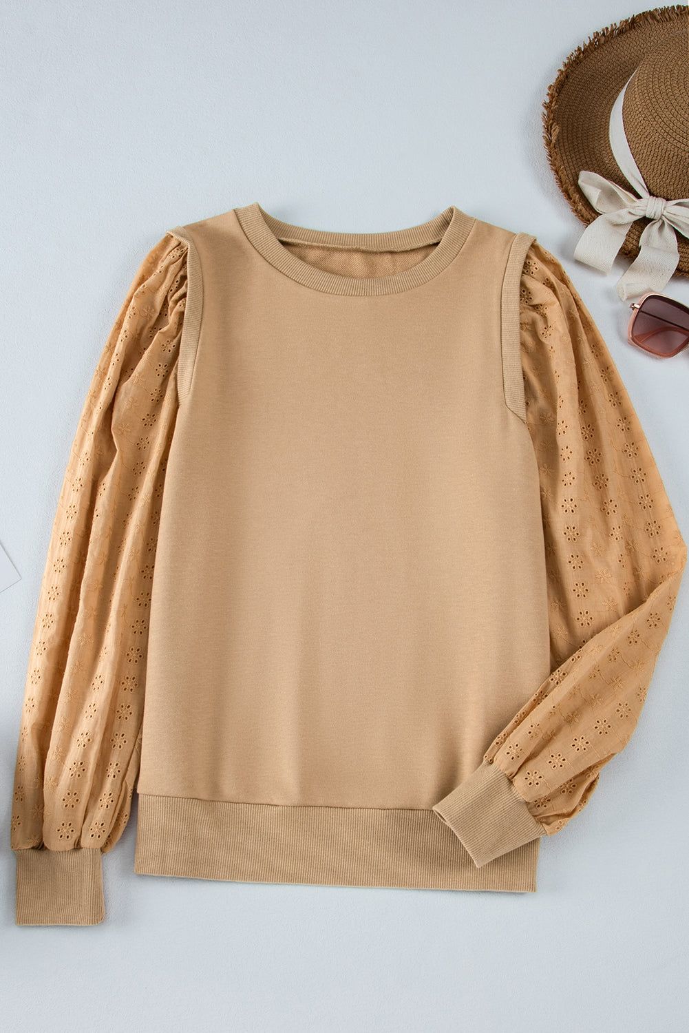 Pale Khaki Solid Patchwork Sleeve Round Neck Sweatshirt