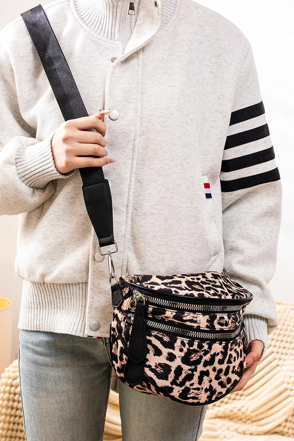 Coffee Camouflage Print Gold Chain Strap Double Zipper Crossbody Bag