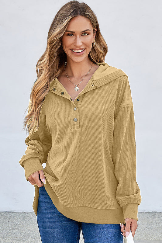 Simply Taupe Solid Ribbed Knit Buttoned Drop Shoulder Oversized Hoodie