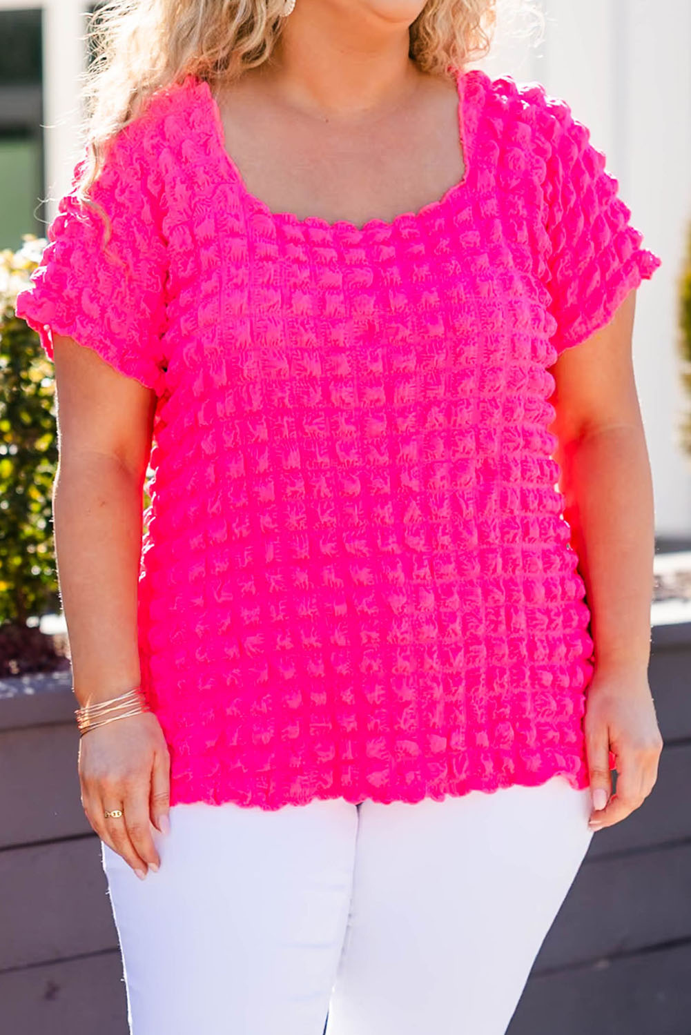 Strawberry Pink Bubble Textured Square Neck Short Sleeve Plus Size Top