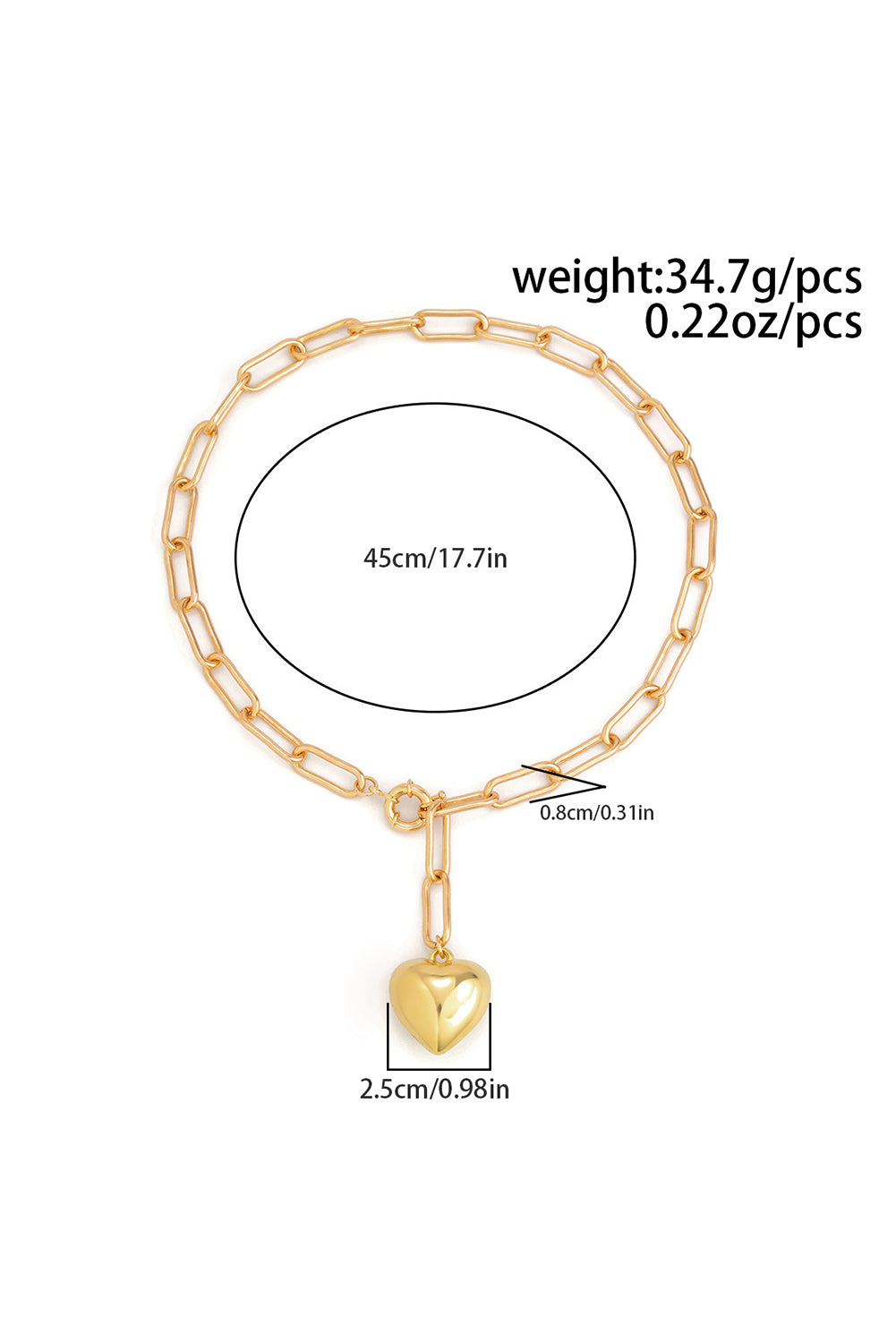 Gold Plated Paperclip Chain 3D Heart Pendant Necklace