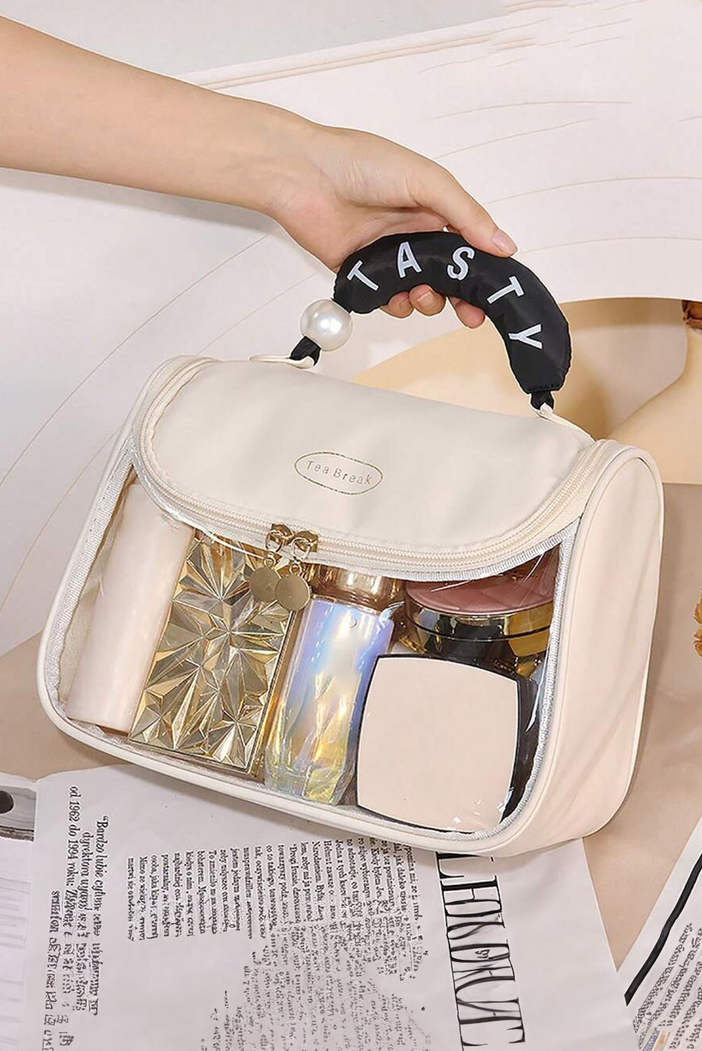 Beige TASTY Print Handle Inside Pocket Clear Makeup Bag