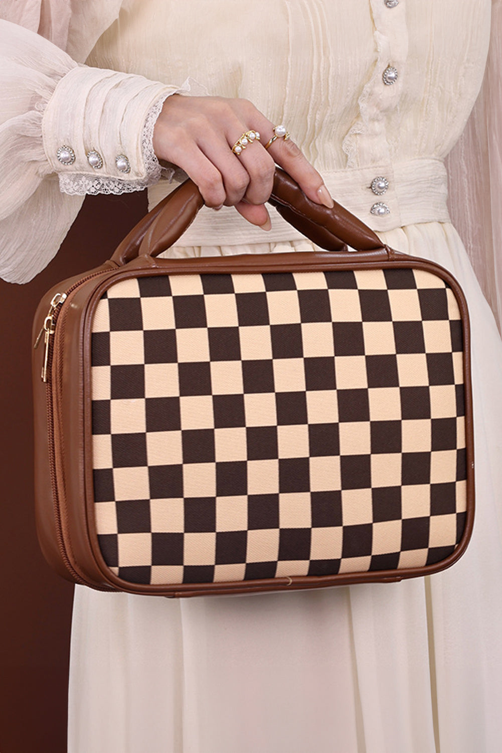 Black Checkered Multiple Compartments PU Leather Cosmetic Bag