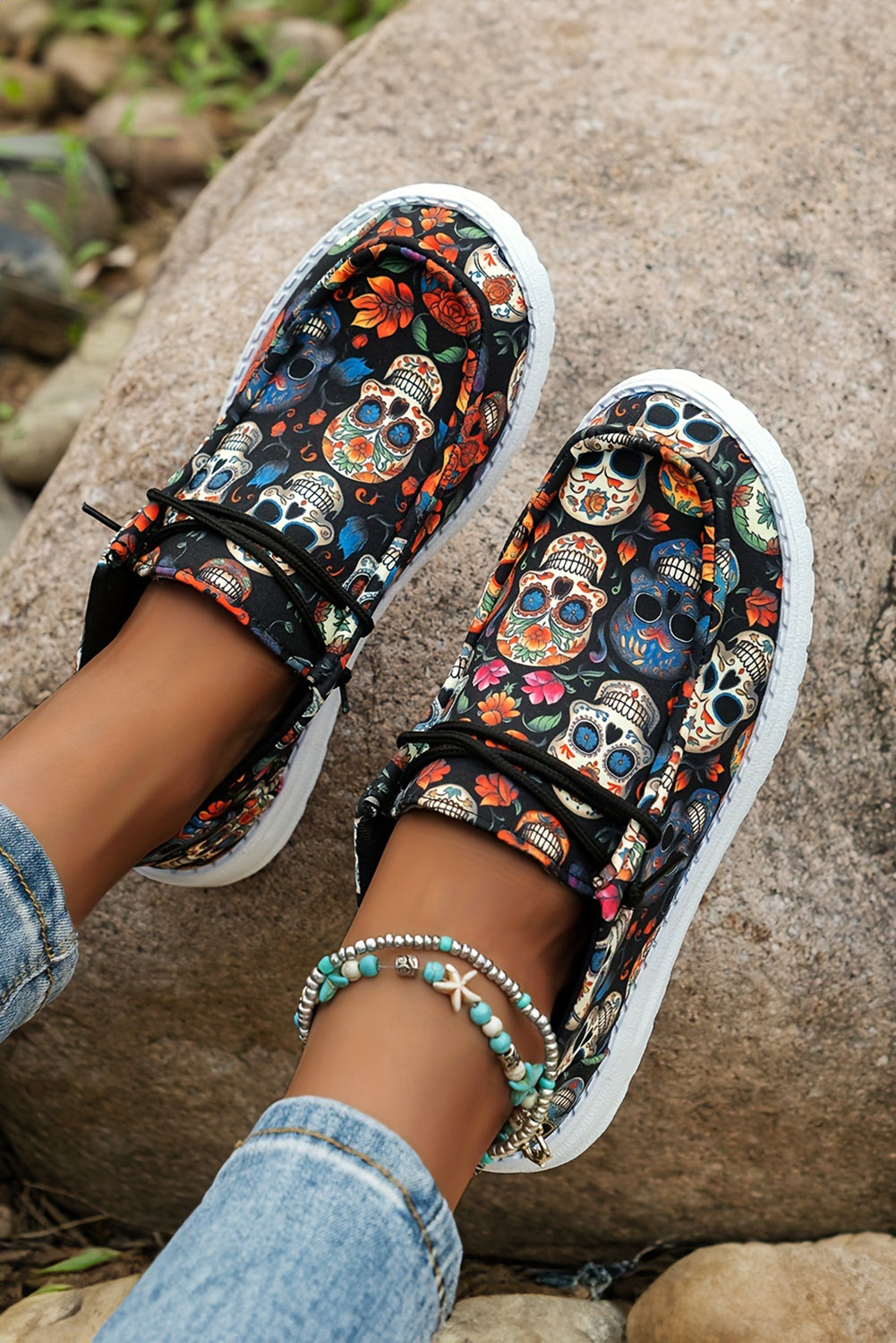 Black Sugar Skull Print Lace-up Detail Halloween Flat Shoes