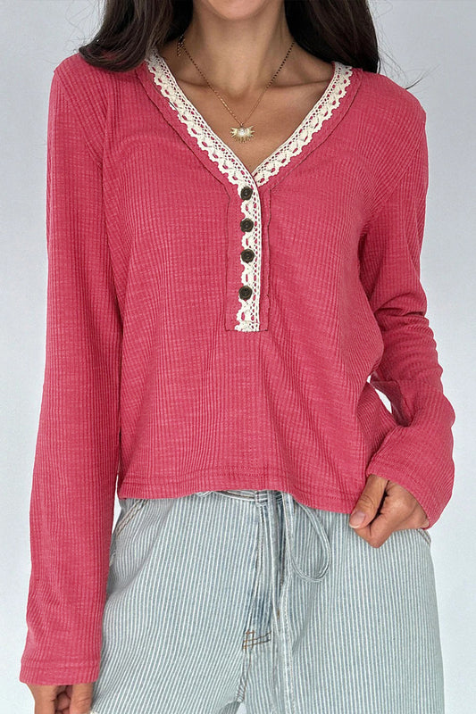 Racing Red Ribbed Texture Contrasted Lace Trim Button V Neck Long Sleeve Top