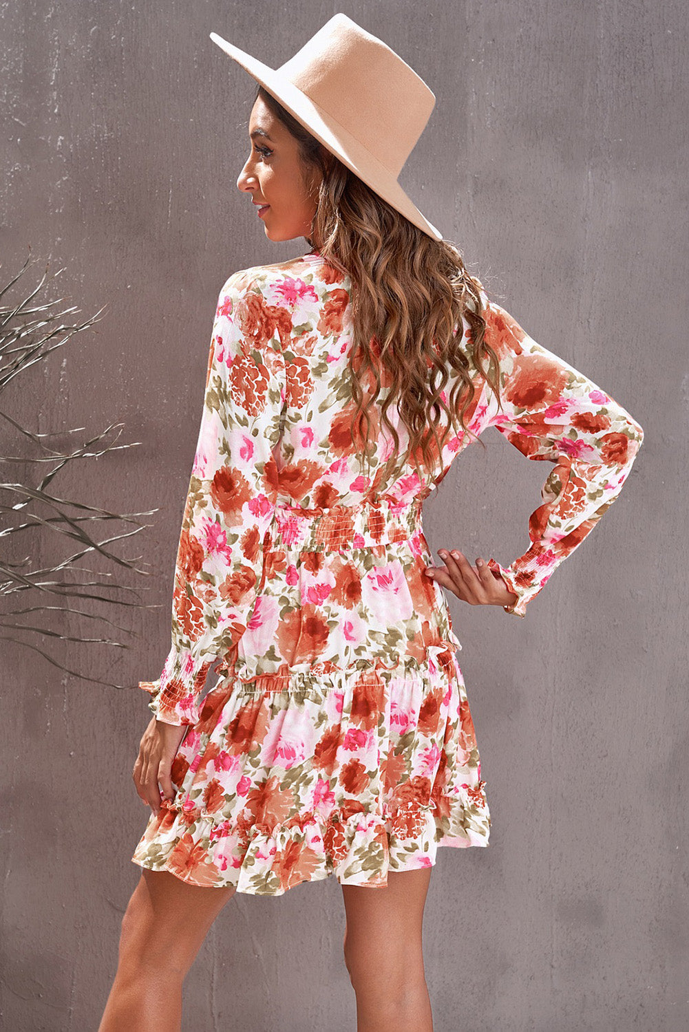 Multicolor Floral V Neck Long Sleeve Tie Waist Mini Dress