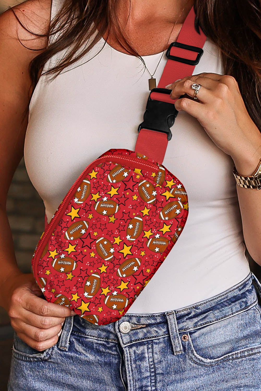 Fiery Red Rugby Football Star Printed Buckle Strap Crossbody Bag