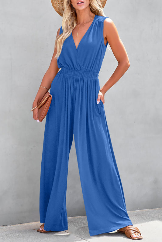 Sky Blue Deep V Pleated Crisscross Wide Leg Backless Jumpsuit