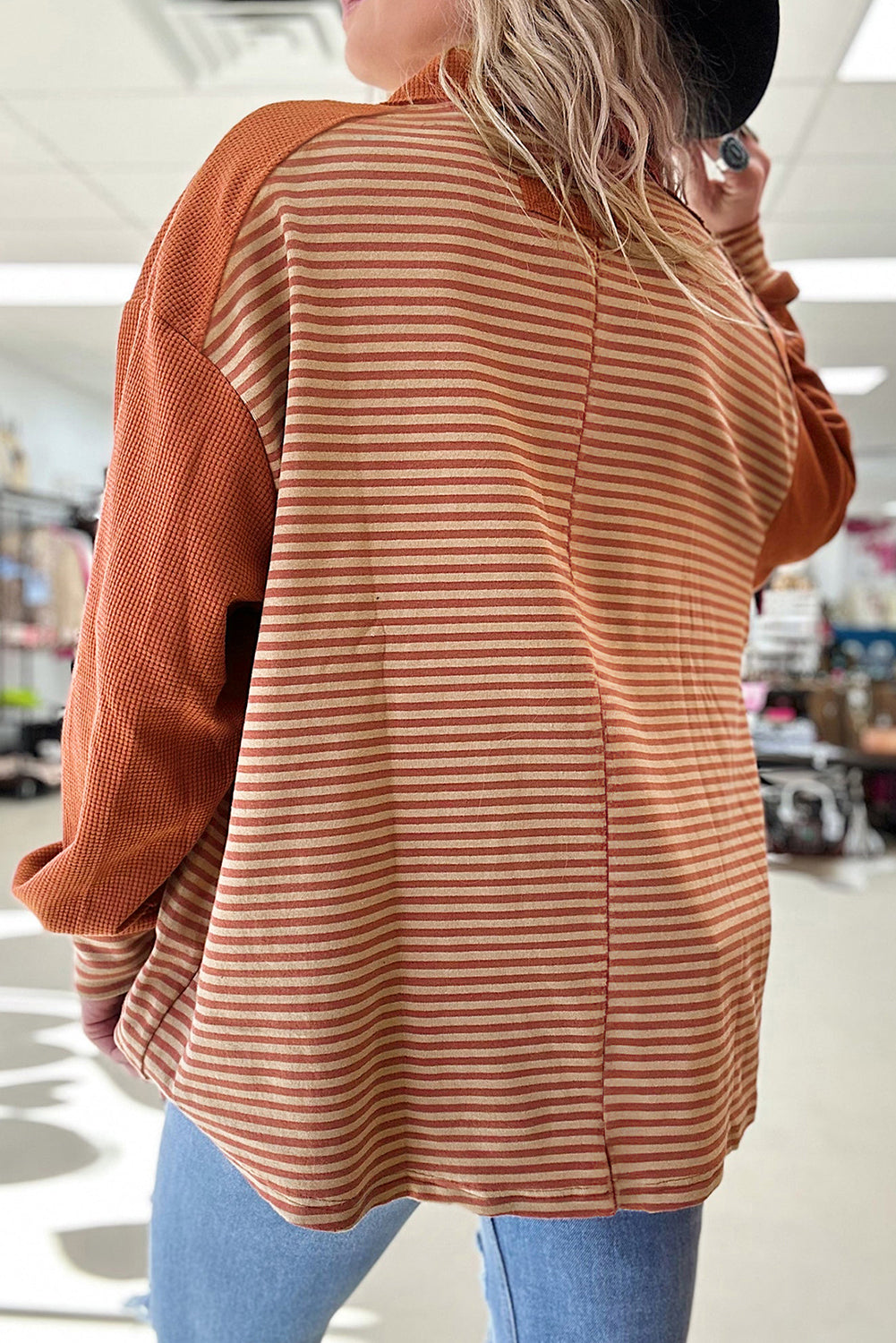 Red Stripe Textured Patched Drop Shoulder Buttoned Plus Size Sweatshirt