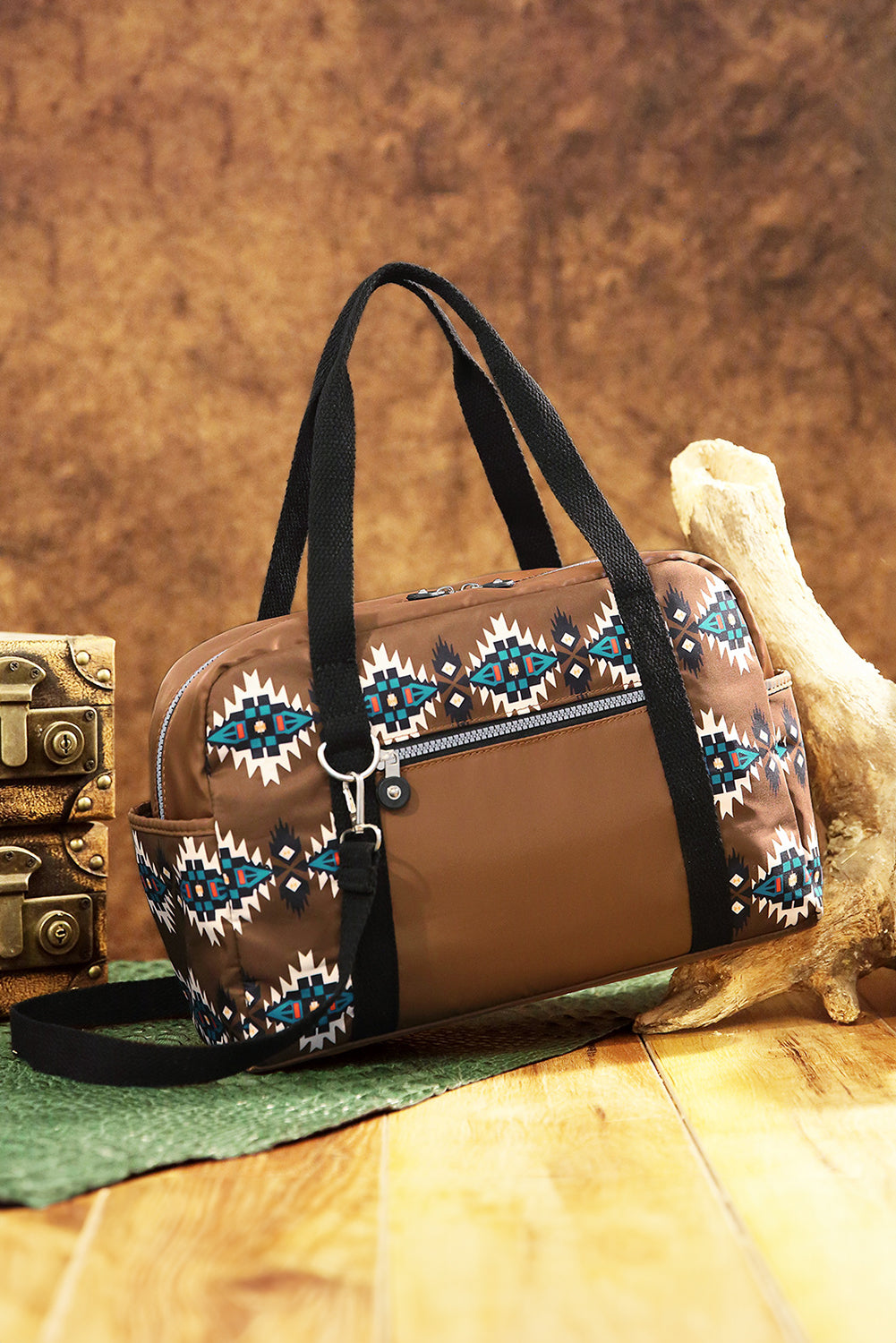 Coffee Western Aztec Print PU Leather Large Travel Duffel Bag