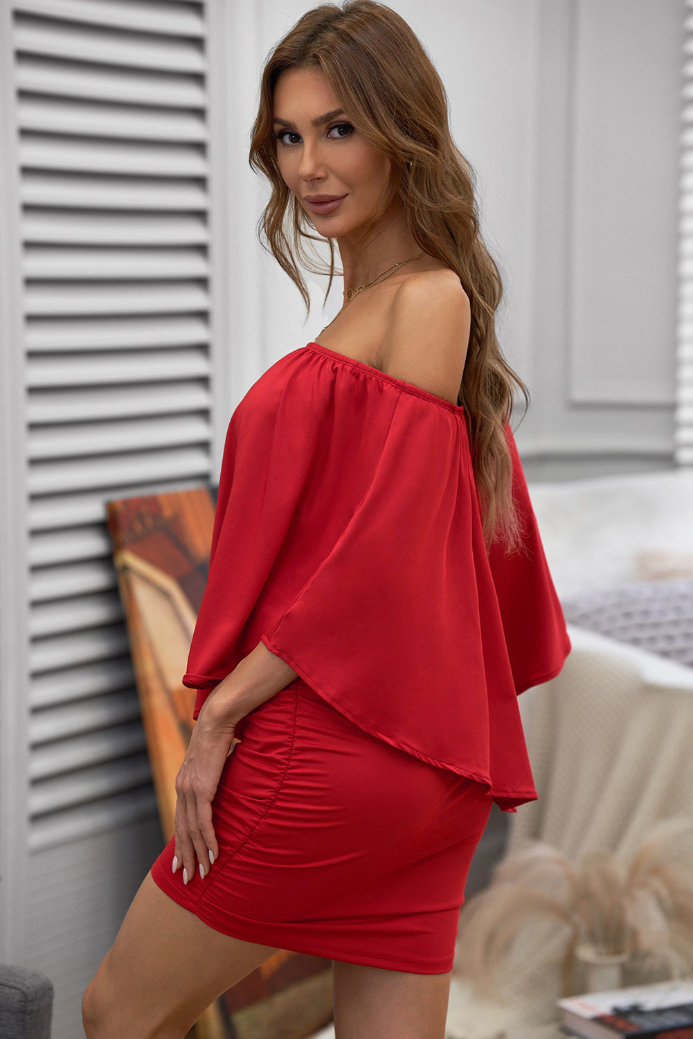 Multiple Dressing Layered Fiery Red Mini Poncho Dress