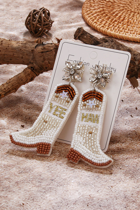 Beige Cowboy Boots Rice Bead Dangle Earrings
