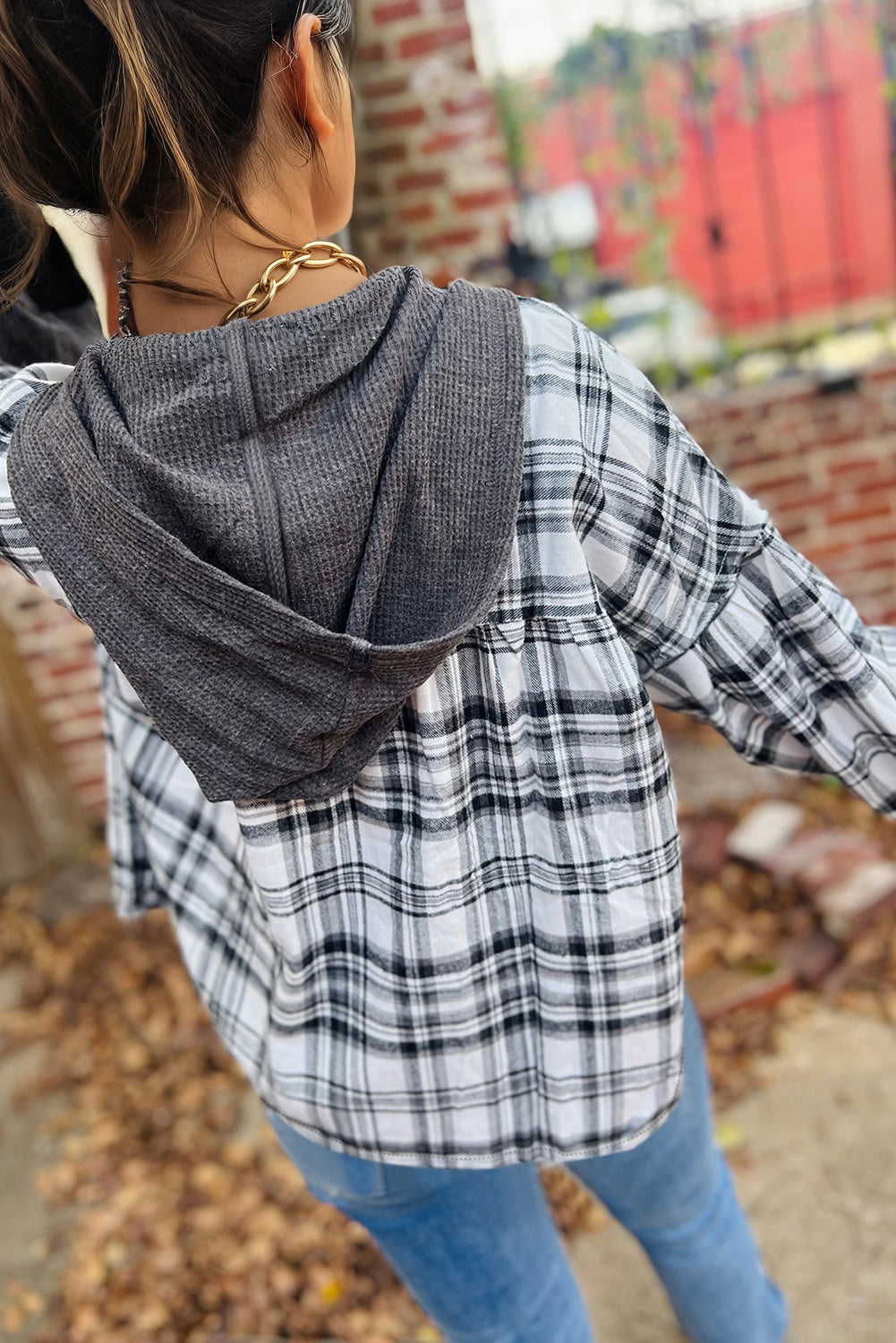 Gray Plaid Patchwork Long Sleeve Button Hooded Blouse