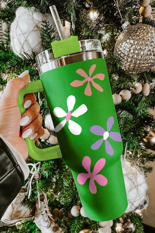 Dark Green Floral Print Stainless Steel Tumbler with Handle 40oz
