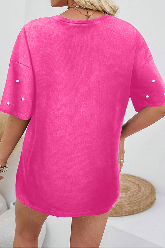 Bright Pink Pearl Beaded  Drop Shoulder Crewneck T Shirt