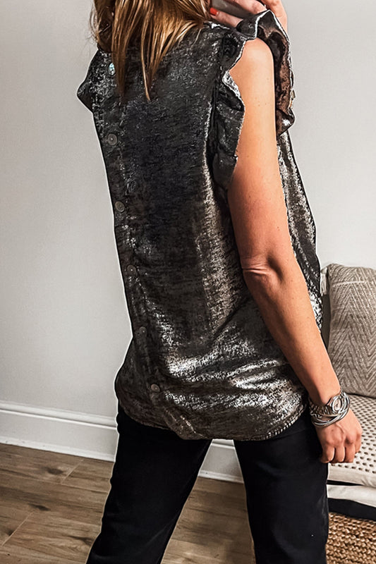Silvery Metallic Round Neck Ruffle Trim Sleeveless Top