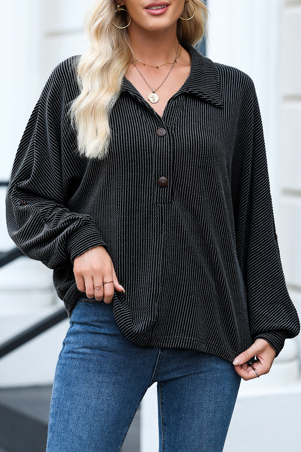 Black Oversized Twist Ribbed Collared Henley Top with Roll up Sleeve