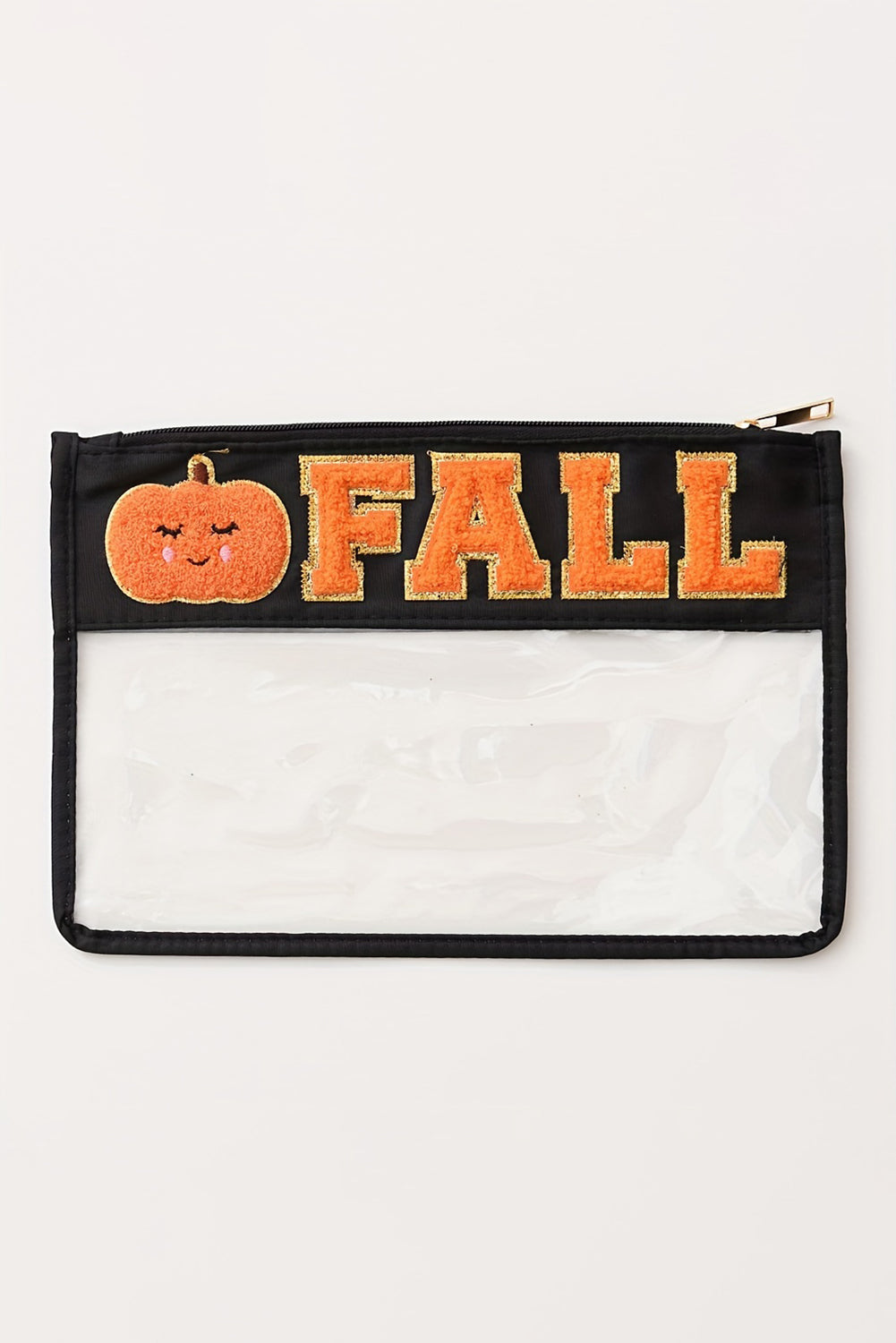Orange FALL Pumpkin Chenille Detail Clear Zip Pouch