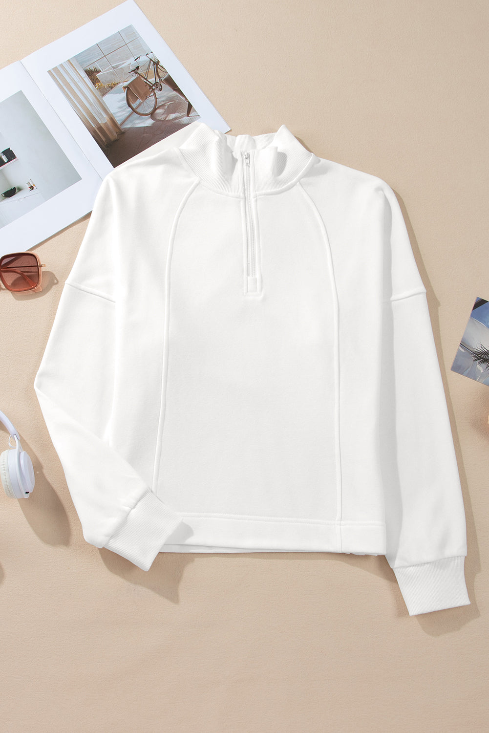 White Zipped Neck Pullover Drop Shoulder Sweatshirt