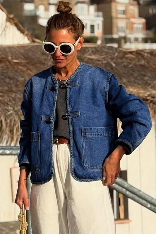 Sail Blue Vintage Fastening Big Patched Pockets Straight Cut Deep Wash Denim Jacket