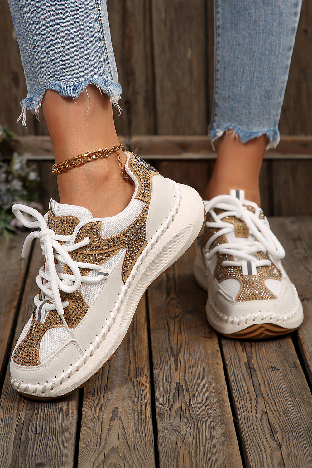 White Rhinestone Embellished Color Block Patchwork Lace-up Breathable Sneakers