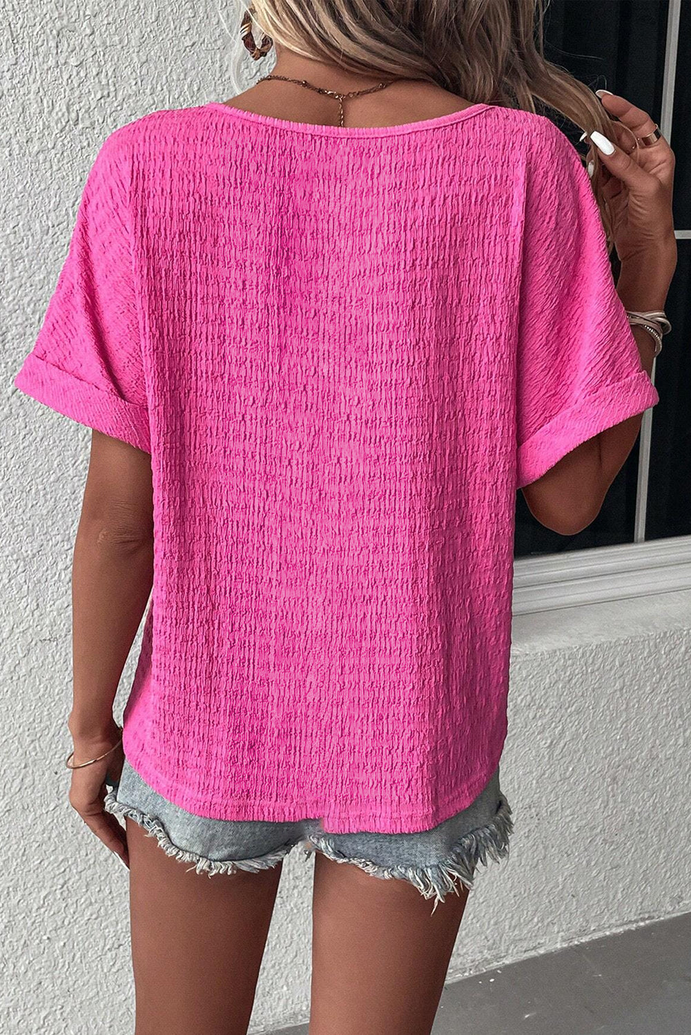 Bright Pink Plus Size Textured Folded Sleeve V Neck T Shirt