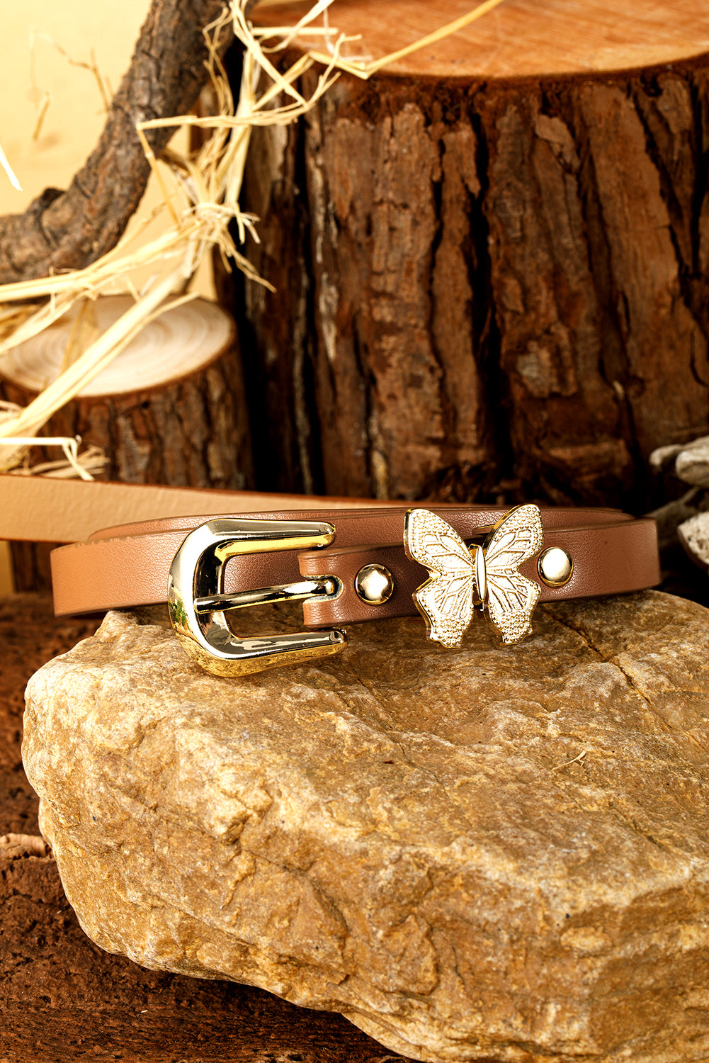 Thai Curry Butterfly Decor Buckle PU Leather Thin Waist Belt
