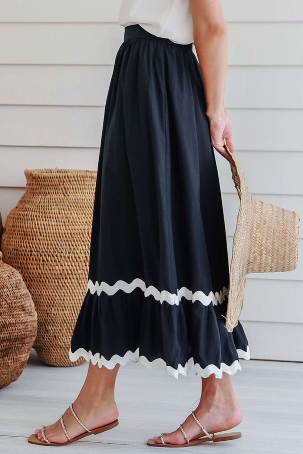 Black Ricrac Trim Colorblock High Waist Long Skirt