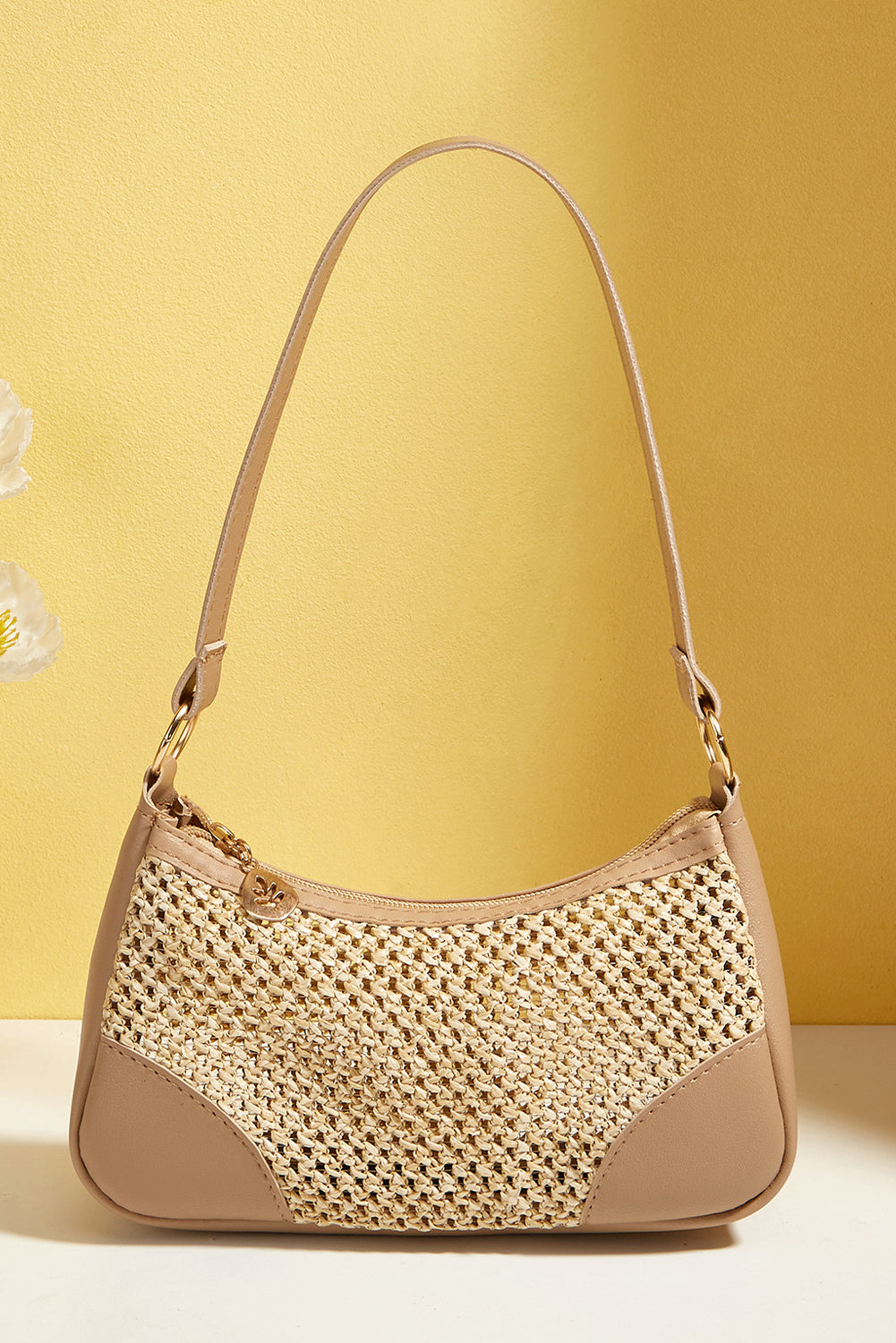 Khaki Straw Woven PU Leather Patchwork Shoulder Bag