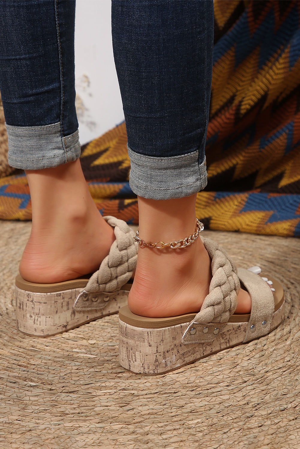 Light French Beige Woven Suede Band Wedge Slippers